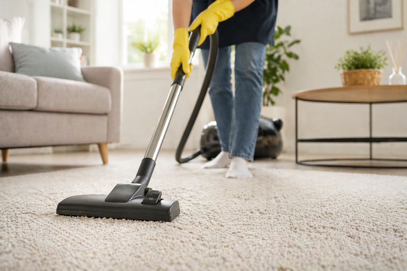 Person vacuuming a soft carpet in a bright, modern living room, showing effective carpet cleaning and everyday home maintenance.