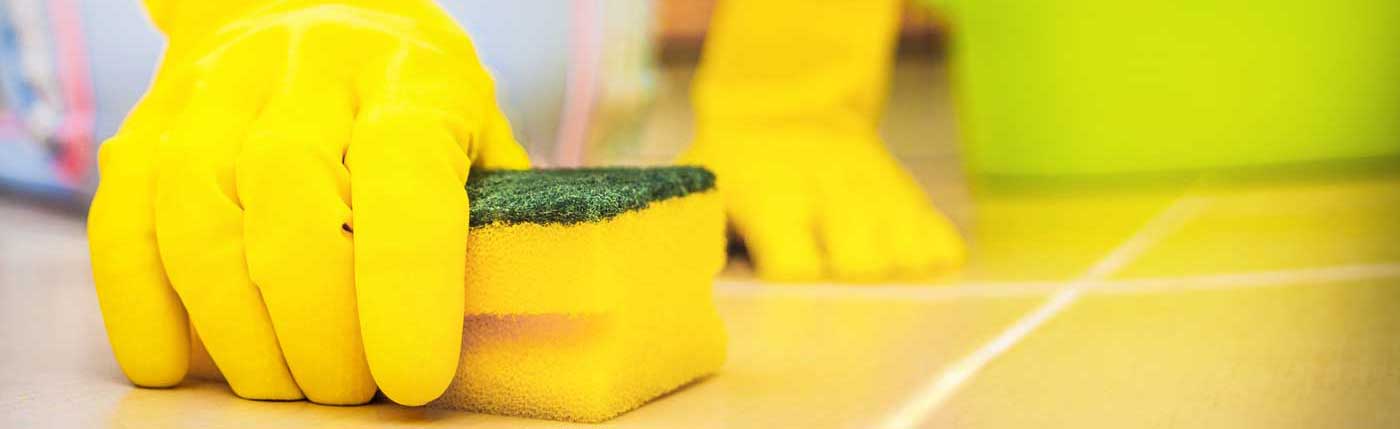 rubber gloves holding a yellow and green sponge