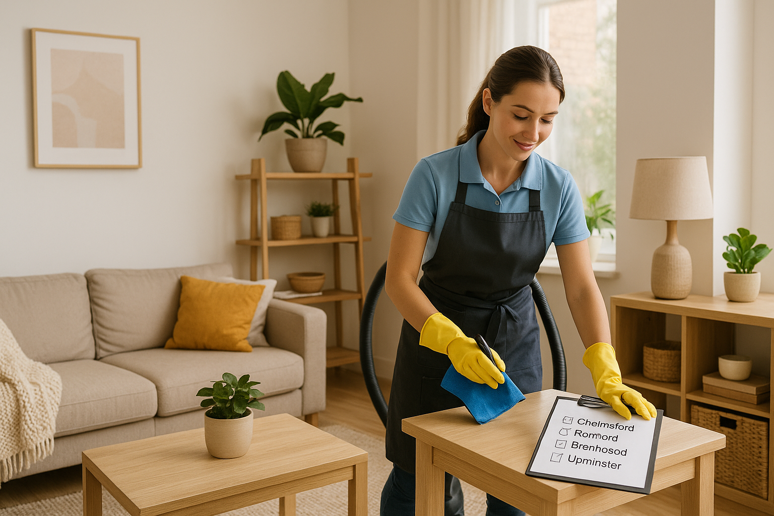 Professional domestic cleaner wiping a wooden table in a bright, tidy Essex living room with a checklist showing Chelmsford, Romford, Brentwood, and Upminster.