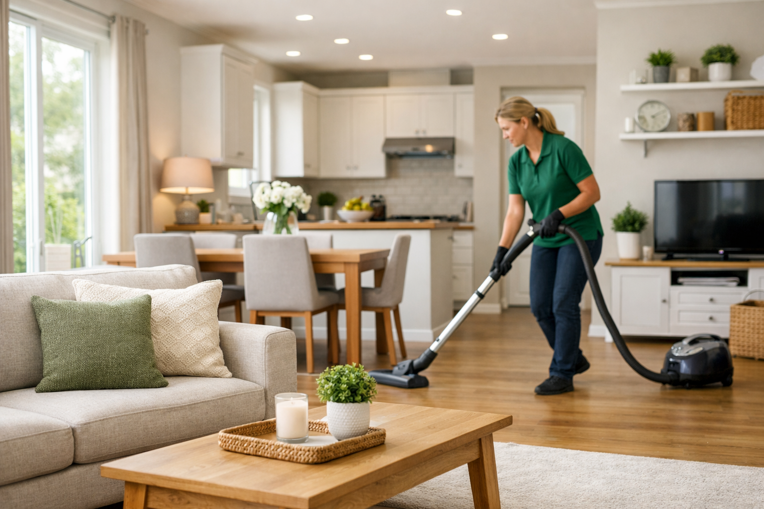 woman cleaning living room