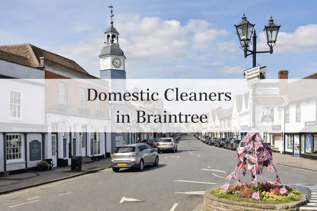 Braintree High Street with the town clock, representing local domestic cleaning services in Braintree.