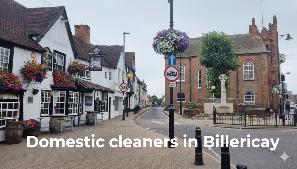 A wide-angle view of Billericay High Street featuring historic buildings and a red brick church, with the text 'Domestic cleaners in Billericay' overlaid in white across the foreground. Domestic cleaners in Stock