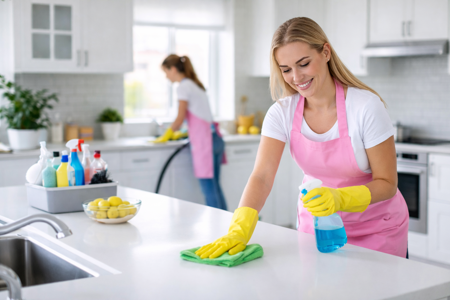 Professional domestic cleaner wearing a pink apron wiping kitchen worktops in a bright, modern home while another cleaner works in the background, showing thorough and reliable home cleaning.