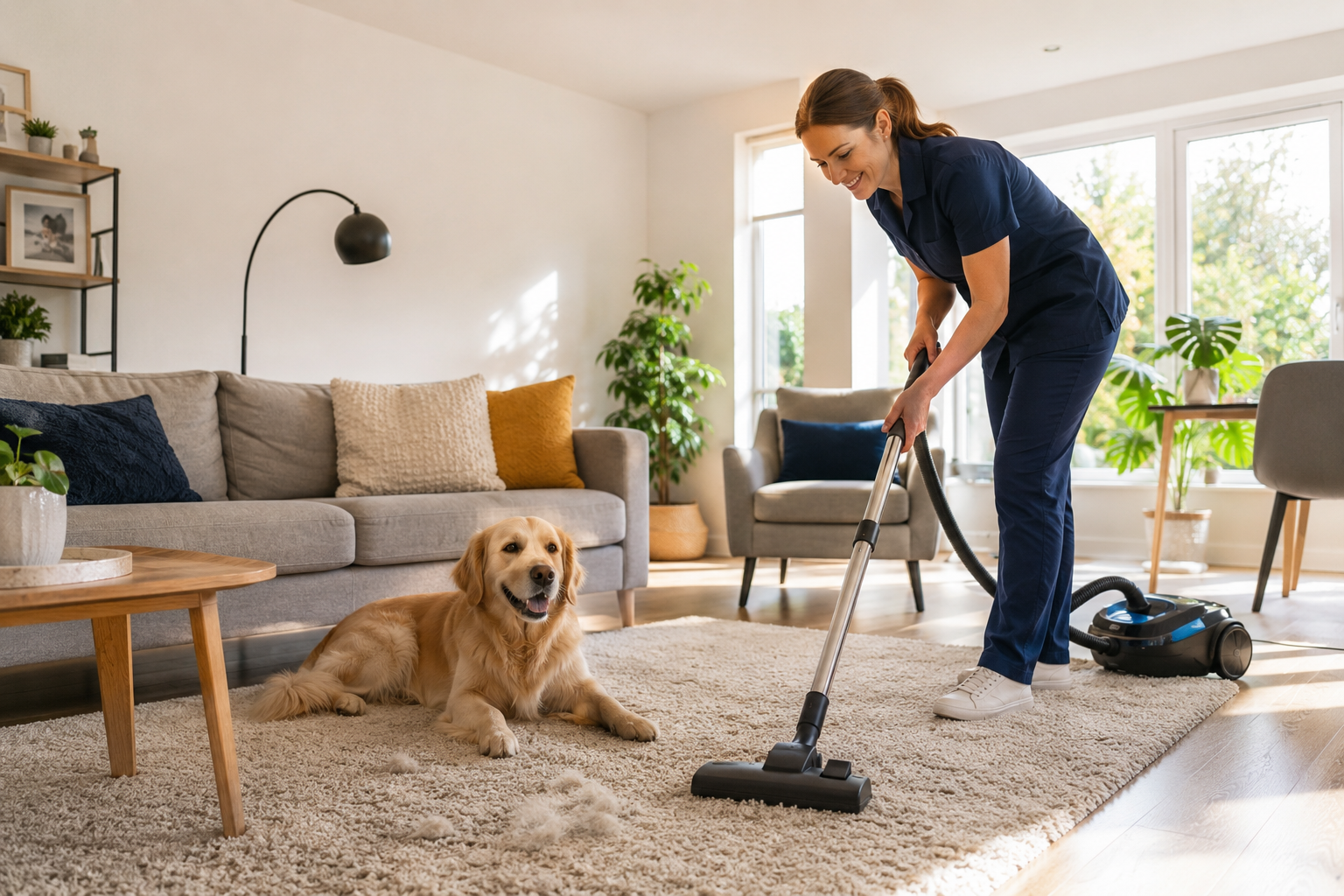 Professional cleaner removing pet hair from carpets in a bright modern Essex home during summer cleaning