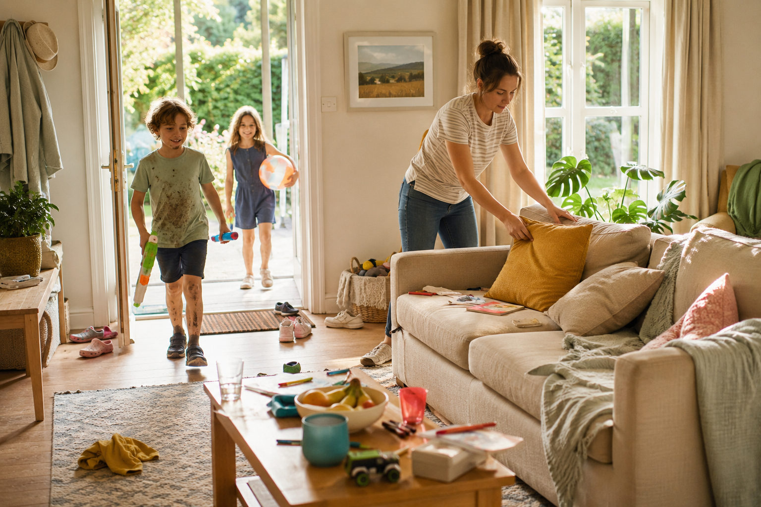 Busy family home during the school summer holidays showing why regular domestic cleaning helps Essex households stay clean and organised.