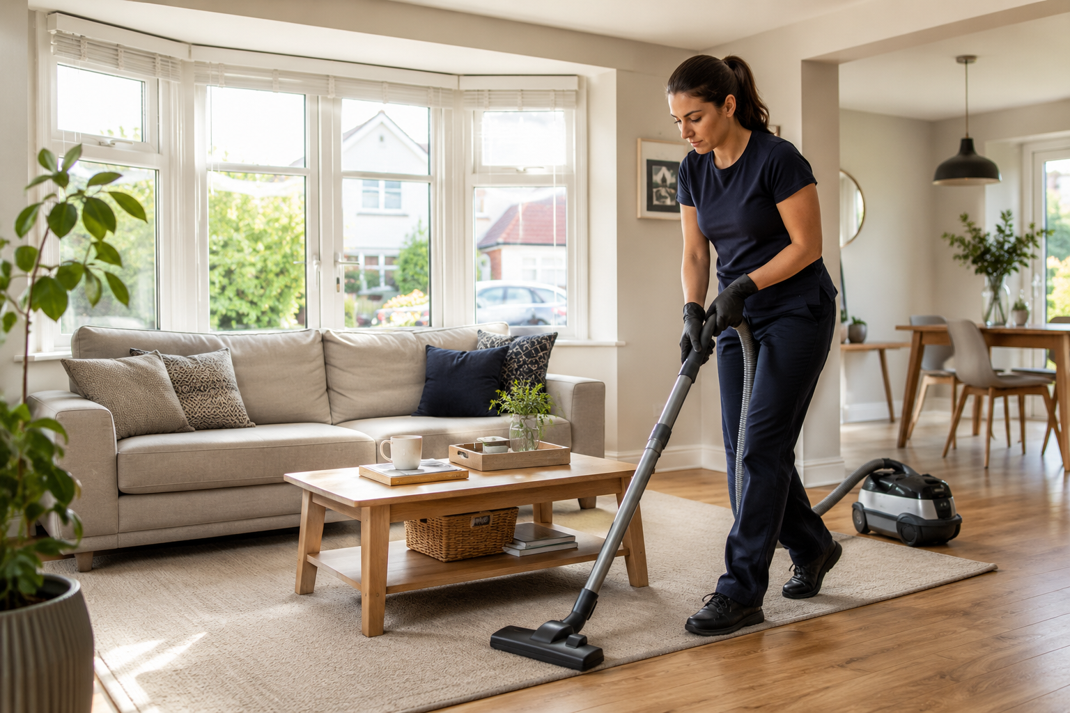 Professional house cleaner vacuuming a bright modern family home in Essex